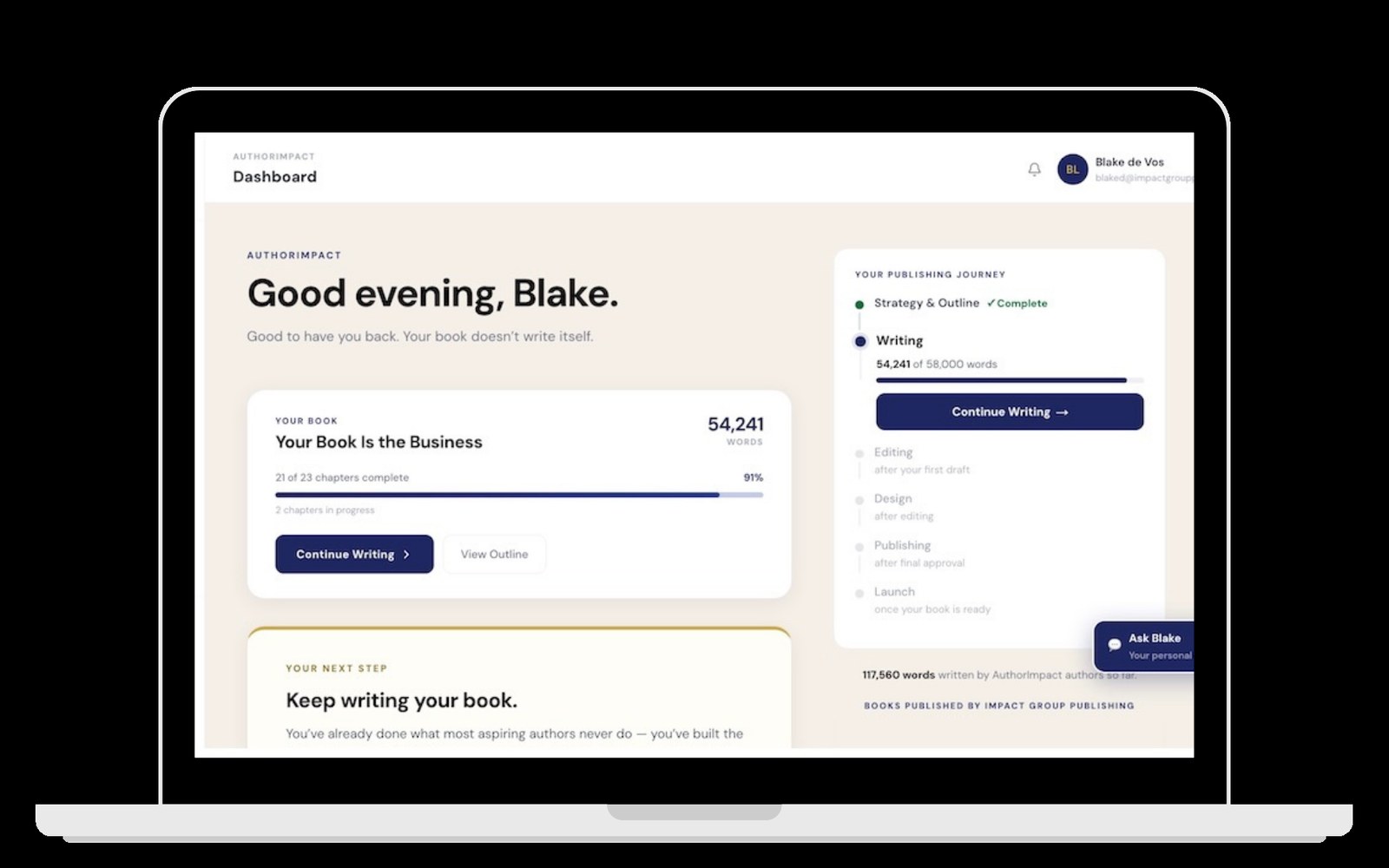 The AuthorImpact dashboard: a book at 91% complete, the publishing journey, and Ask Blake
